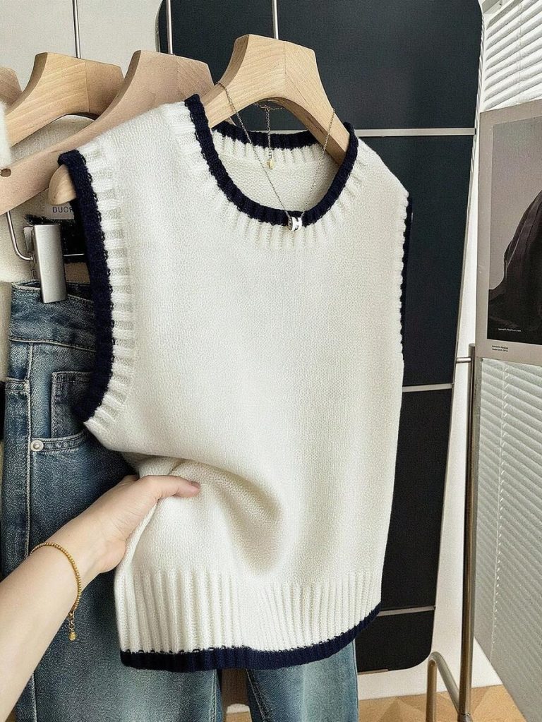 Franclia Back To School Casual Style Loose Round Neck Sleeveless Woolen Woven Contrasting Color Trimmed Khaki Autumn And Winter Women's Knitted Top Fall Clothes For Women Going Out Tops Women - Image 27