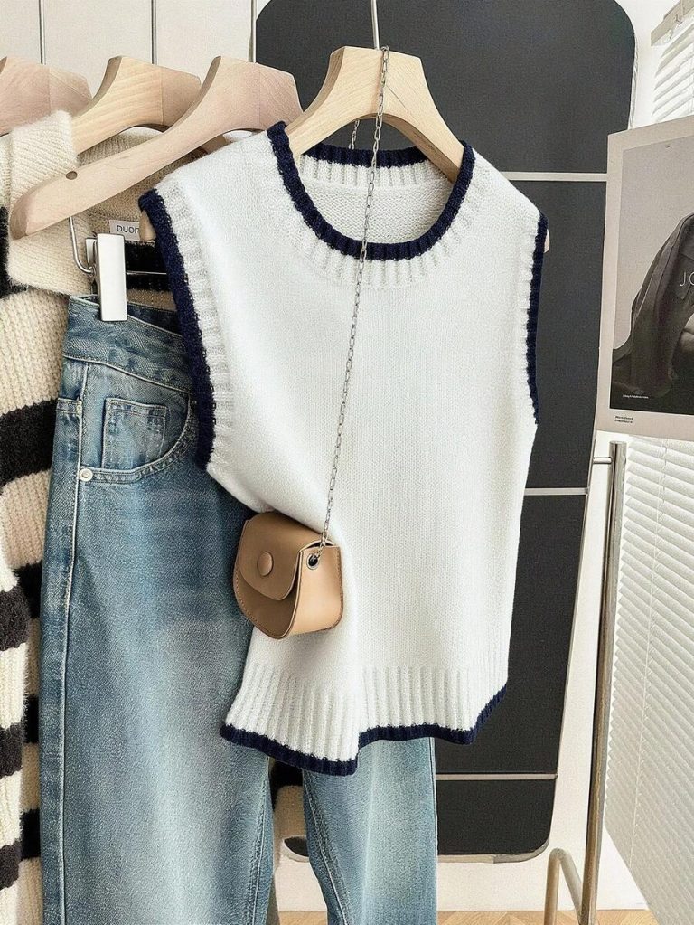 Franclia Back To School Casual Style Loose Round Neck Sleeveless Woolen Woven Contrasting Color Trimmed Khaki Autumn And Winter Women's Knitted Top Fall Clothes For Women Going Out Tops Women - Image 29