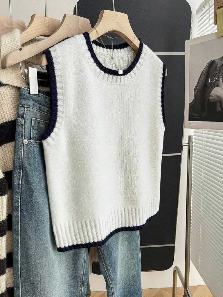 Franclia Back To School Casual Style Loose Round Neck Sleeveless Woolen Woven Contrasting Color Trimmed Khaki Autumn And Winter Women's Knitted Top Fall Clothes For Women Going Out Tops Women - Image 30
