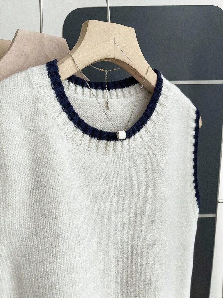 Franclia Back To School Casual Style Loose Round Neck Sleeveless Woolen Woven Contrasting Color Trimmed Khaki Autumn And Winter Women's Knitted Top Fall Clothes For Women Going Out Tops Women - Image 31