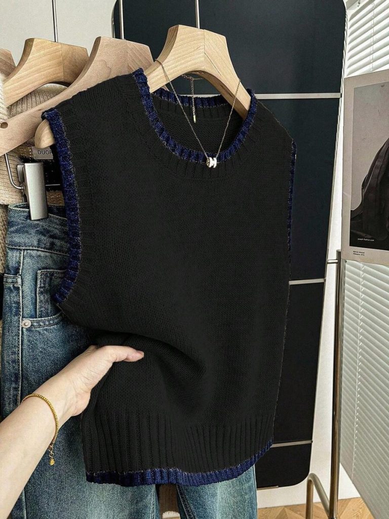 Franclia Back To School Casual Style Loose Round Neck Sleeveless Woolen Woven Contrasting Color Trimmed Khaki Autumn And Winter Women's Knitted Top Fall Clothes For Women Going Out Tops Women - Image 32