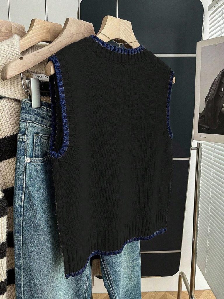 Franclia Back To School Casual Style Loose Round Neck Sleeveless Woolen Woven Contrasting Color Trimmed Khaki Autumn And Winter Women's Knitted Top Fall Clothes For Women Going Out Tops Women - Image 33