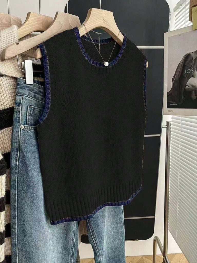 Franclia Back To School Casual Style Loose Round Neck Sleeveless Woolen Woven Contrasting Color Trimmed Khaki Autumn And Winter Women's Knitted Top Fall Clothes For Women Going Out Tops Women - Image 34