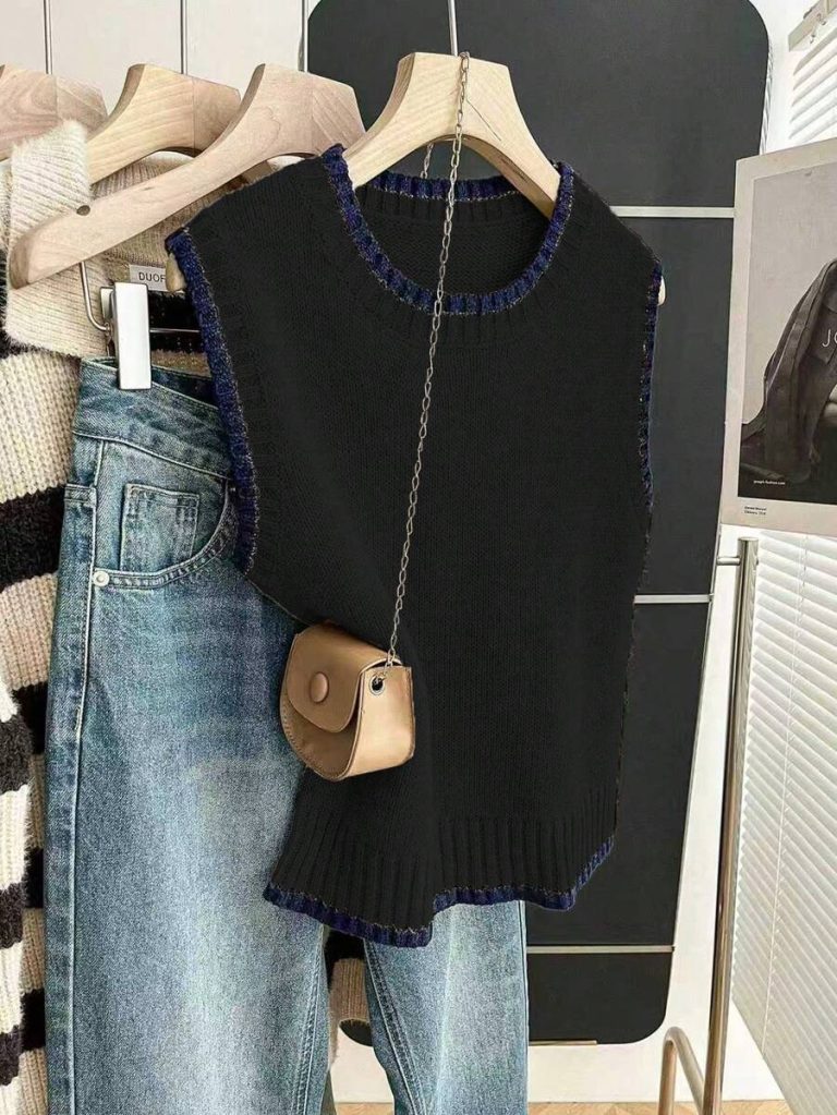 Franclia Back To School Casual Style Loose Round Neck Sleeveless Woolen Woven Contrasting Color Trimmed Khaki Autumn And Winter Women's Knitted Top Fall Clothes For Women Going Out Tops Women - Image 35