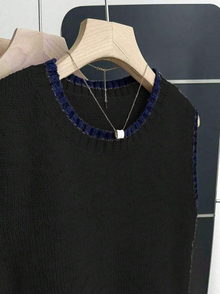Franclia Back To School Casual Style Loose Round Neck Sleeveless Woolen Woven Contrasting Color Trimmed Khaki Autumn And Winter Women's Knitted Top Fall Clothes For Women Going Out Tops Women - Image 36
