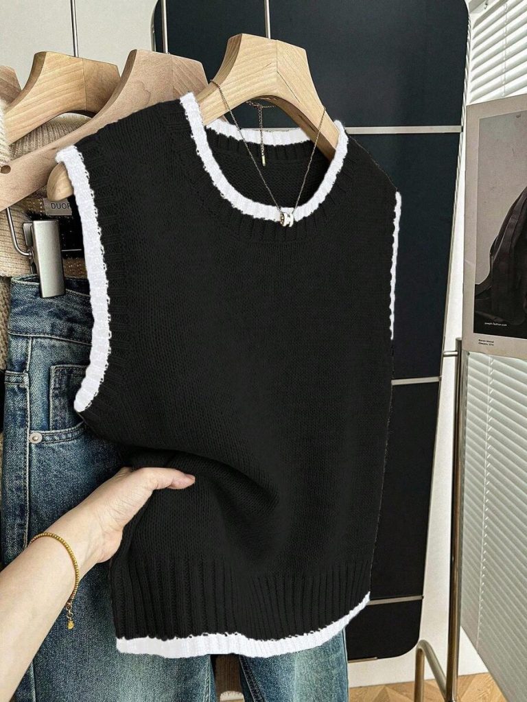Franclia Back To School Casual Style Loose Round Neck Sleeveless Woolen Woven Contrasting Color Trimmed Khaki Autumn And Winter Women's Knitted Top Fall Clothes For Women Going Out Tops Women - Image 37