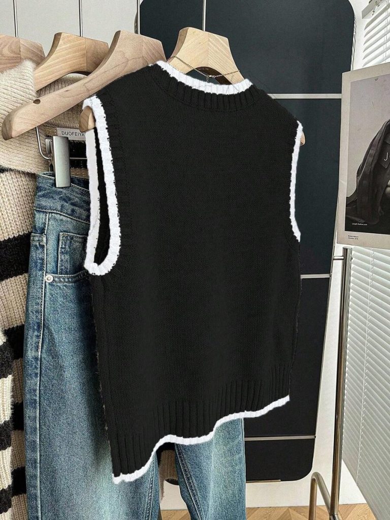 Franclia Back To School Casual Style Loose Round Neck Sleeveless Woolen Woven Contrasting Color Trimmed Khaki Autumn And Winter Women's Knitted Top Fall Clothes For Women Going Out Tops Women - Image 38