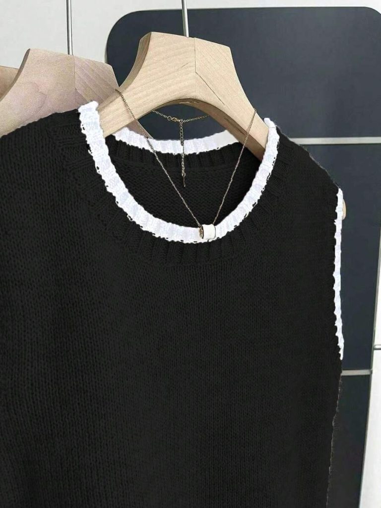 Franclia Back To School Casual Style Loose Round Neck Sleeveless Woolen Woven Contrasting Color Trimmed Khaki Autumn And Winter Women's Knitted Top Fall Clothes For Women Going Out Tops Women - Image 39