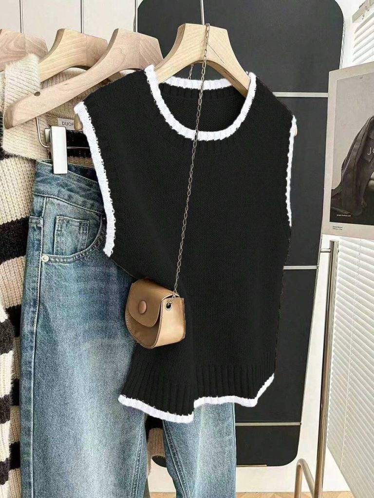 Franclia Back To School Casual Style Loose Round Neck Sleeveless Woolen Woven Contrasting Color Trimmed Khaki Autumn And Winter Women's Knitted Top Fall Clothes For Women Going Out Tops Women - Image 40