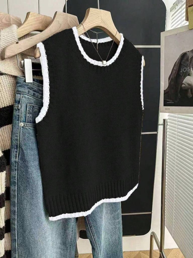 Franclia Back To School Casual Style Loose Round Neck Sleeveless Woolen Woven Contrasting Color Trimmed Khaki Autumn And Winter Women's Knitted Top Fall Clothes For Women Going Out Tops Women - Image 41
