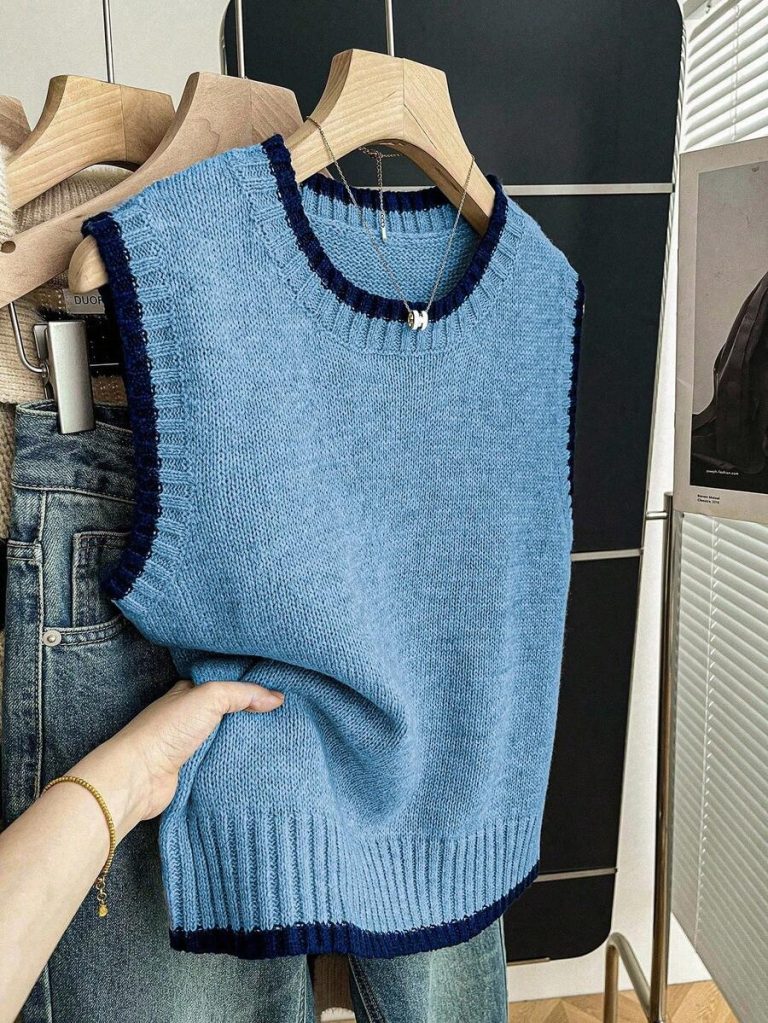 Franclia Back To School Casual Style Loose Round Neck Sleeveless Woolen Woven Contrasting Color Trimmed Khaki Autumn And Winter Women's Knitted Top Fall Clothes For Women Going Out Tops Women - Image 42