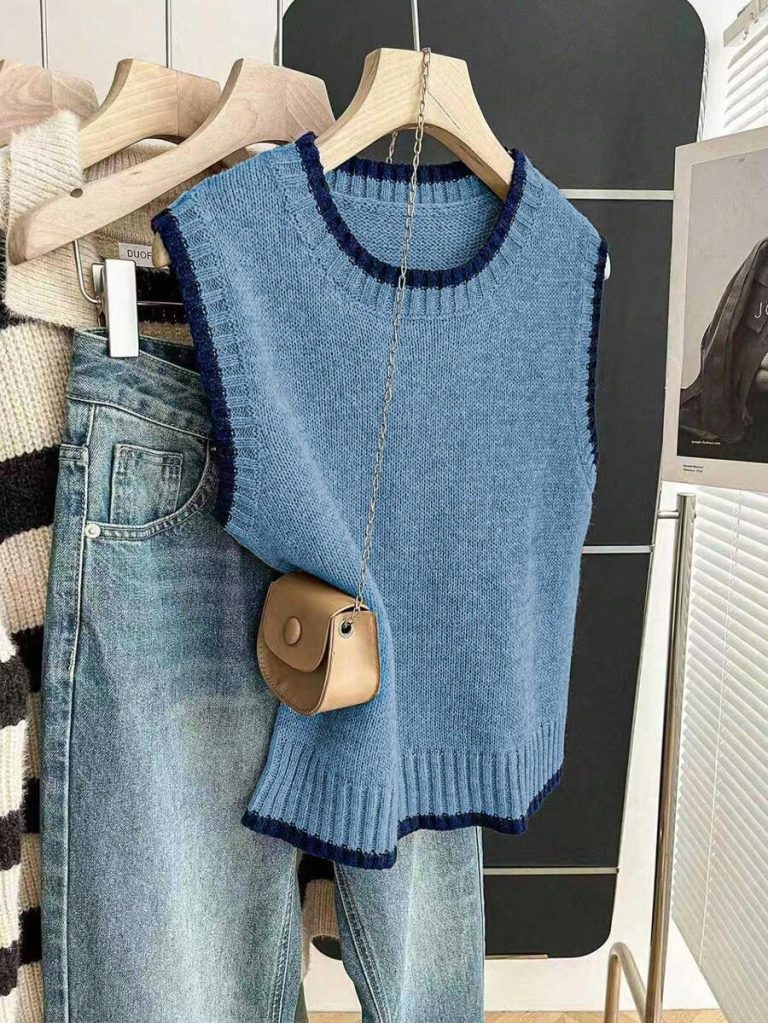 Franclia Back To School Casual Style Loose Round Neck Sleeveless Woolen Woven Contrasting Color Trimmed Khaki Autumn And Winter Women's Knitted Top Fall Clothes For Women Going Out Tops Women - Image 44