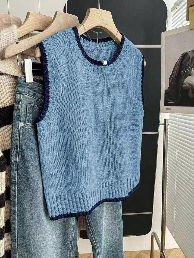 Franclia Back To School Casual Style Loose Round Neck Sleeveless Woolen Woven Contrasting Color Trimmed Khaki Autumn And Winter Women's Knitted Top Fall Clothes For Women Going Out Tops Women - Image 45