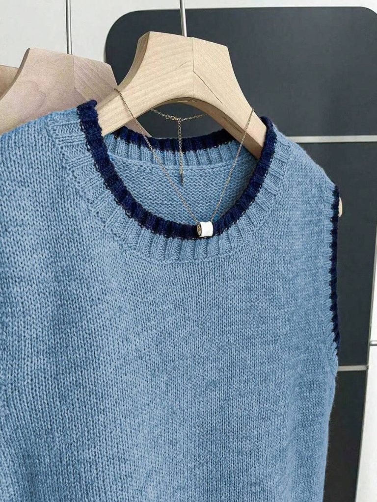 Franclia Back To School Casual Style Loose Round Neck Sleeveless Woolen Woven Contrasting Color Trimmed Khaki Autumn And Winter Women's Knitted Top Fall Clothes For Women Going Out Tops Women - Image 46