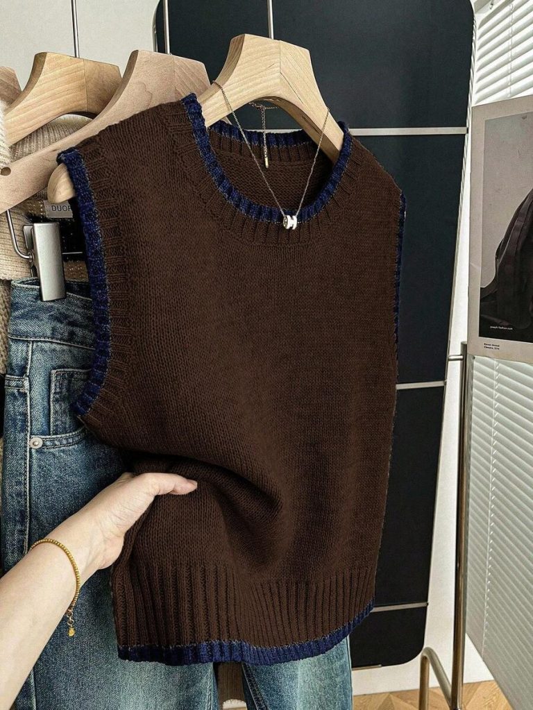 Franclia Back To School Casual Style Loose Round Neck Sleeveless Woolen Woven Contrasting Color Trimmed Khaki Autumn And Winter Women's Knitted Top Fall Clothes For Women Going Out Tops Women - Image 47