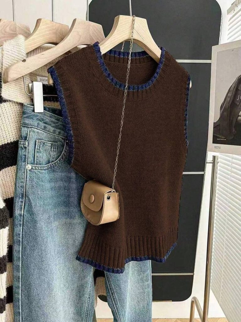 Franclia Back To School Casual Style Loose Round Neck Sleeveless Woolen Woven Contrasting Color Trimmed Khaki Autumn And Winter Women's Knitted Top Fall Clothes For Women Going Out Tops Women - Image 49