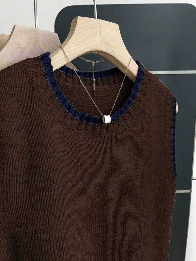 Franclia Back To School Casual Style Loose Round Neck Sleeveless Woolen Woven Contrasting Color Trimmed Khaki Autumn And Winter Women's Knitted Top Fall Clothes For Women Going Out Tops Women - Image 50