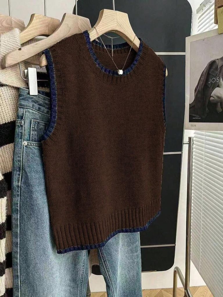 Franclia Back To School Casual Style Loose Round Neck Sleeveless Woolen Woven Contrasting Color Trimmed Khaki Autumn And Winter Women's Knitted Top Fall Clothes For Women Going Out Tops Women - Image 51