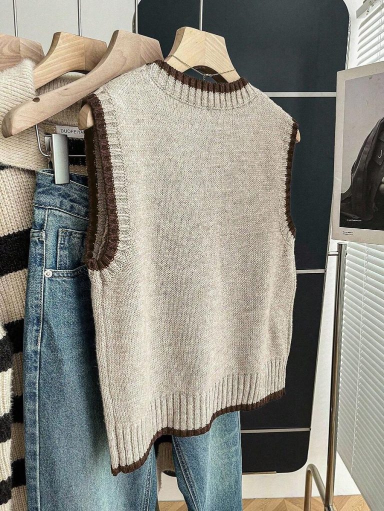 Franclia Back To School Casual Style Loose Round Neck Sleeveless Woolen Woven Contrasting Color Trimmed Khaki Autumn And Winter Women's Knitted Top Fall Clothes For Women Going Out Tops Women - Image 53