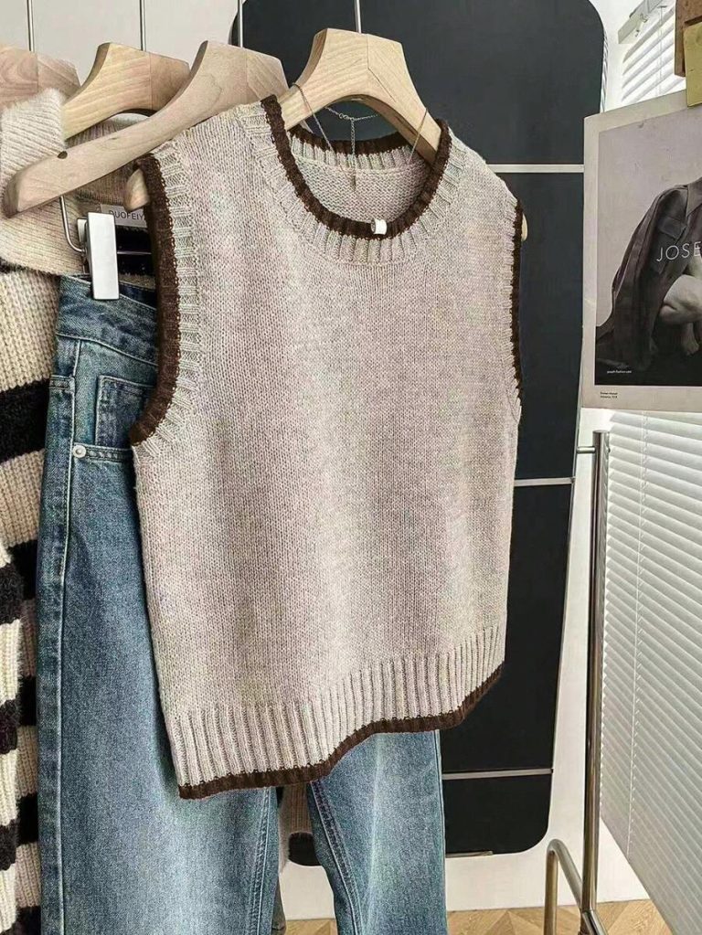 Franclia Back To School Casual Style Loose Round Neck Sleeveless Woolen Woven Contrasting Color Trimmed Khaki Autumn And Winter Women's Knitted Top Fall Clothes For Women Going Out Tops Women - Image 54