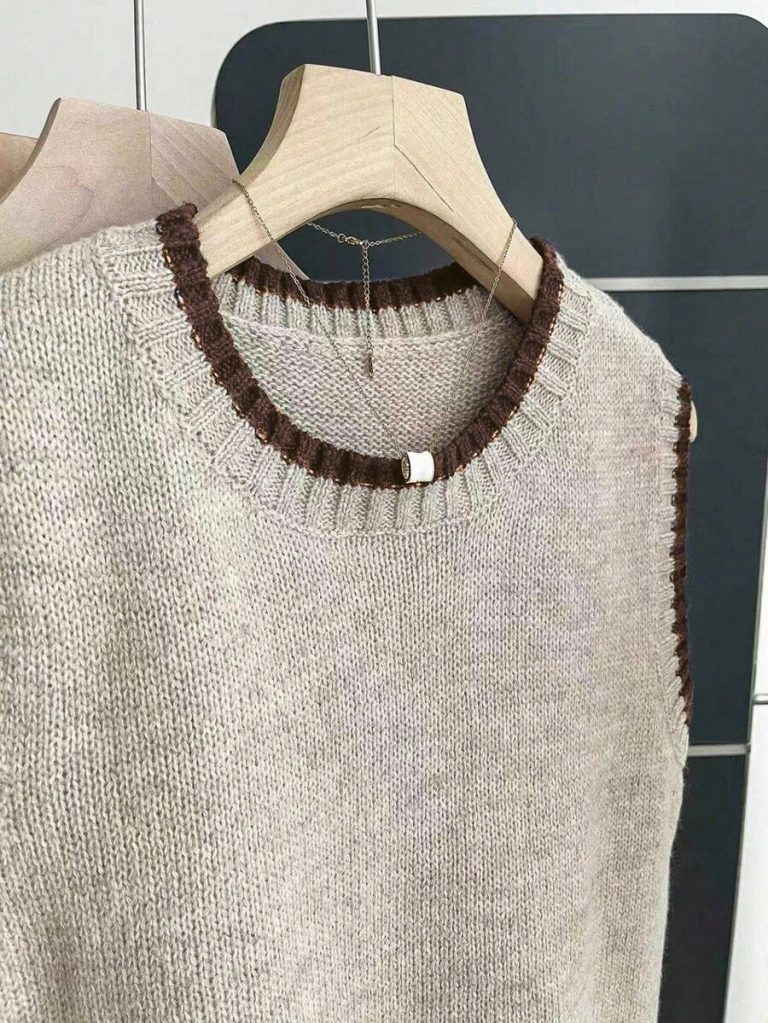 Franclia Back To School Casual Style Loose Round Neck Sleeveless Woolen Woven Contrasting Color Trimmed Khaki Autumn And Winter Women's Knitted Top Fall Clothes For Women Going Out Tops Women - Image 55