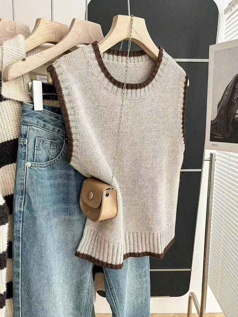 Franclia Back To School Casual Style Loose Round Neck Sleeveless Woolen Woven Contrasting Color Trimmed Khaki Autumn And Winter Women's Knitted Top Fall Clothes For Women Going Out Tops Women - Image 56