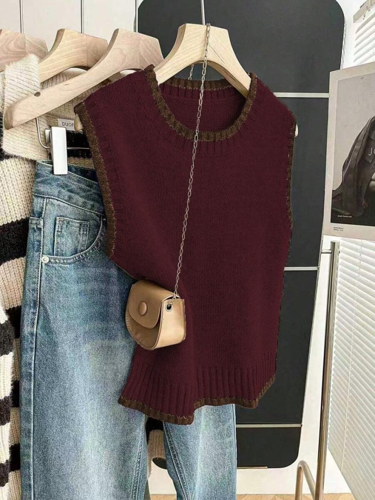 Franclia Back To School Casual Style Loose Round Neck Sleeveless Woolen Woven Contrasting Color Trimmed Khaki Autumn And Winter Women's Knitted Top Fall Clothes For Women Going Out Tops Women - Image 62
