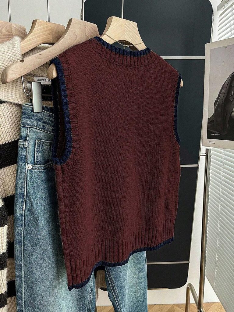 Franclia Back To School Casual Style Loose Round Neck Sleeveless Woolen Woven Contrasting Color Trimmed Khaki Autumn And Winter Women's Knitted Top Fall Clothes For Women Going Out Tops Women - Image 64