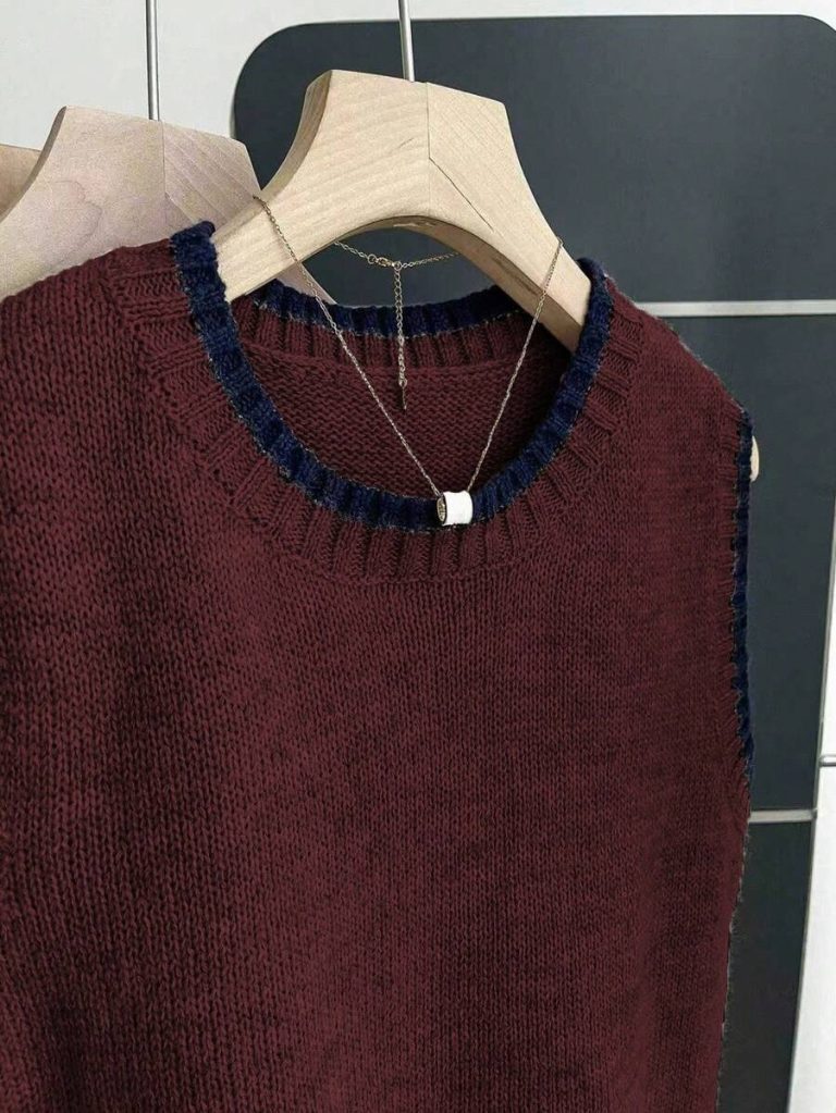 Franclia Back To School Casual Style Loose Round Neck Sleeveless Woolen Woven Contrasting Color Trimmed Khaki Autumn And Winter Women's Knitted Top Fall Clothes For Women Going Out Tops Women - Image 66