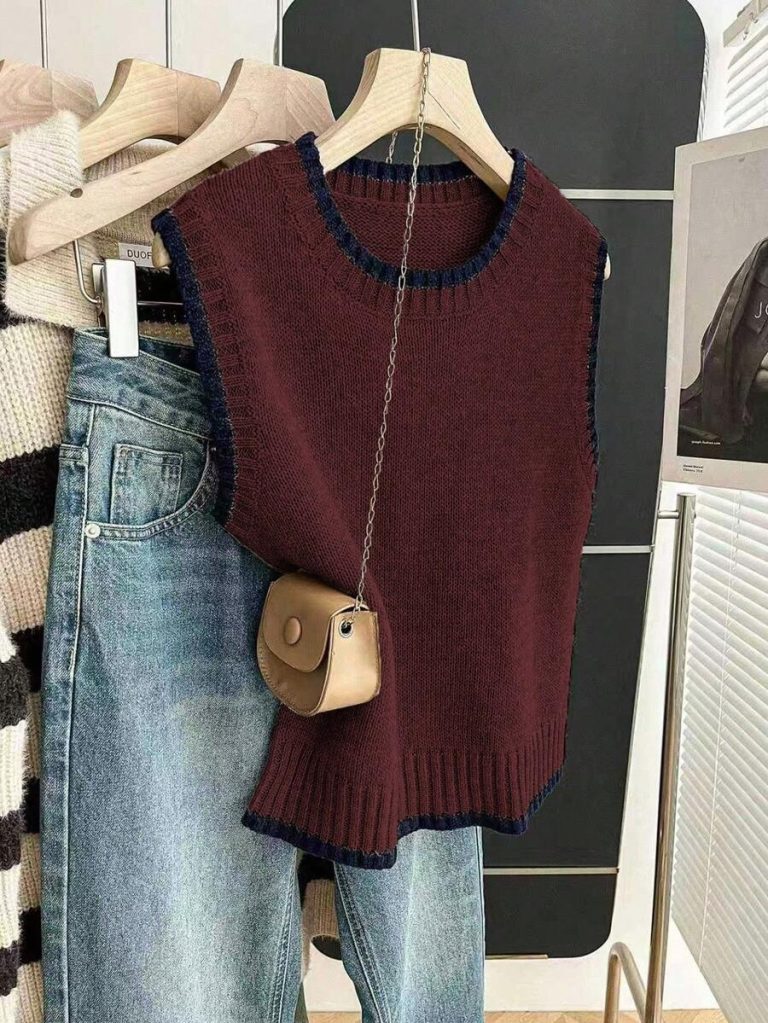 Franclia Back To School Casual Style Loose Round Neck Sleeveless Woolen Woven Contrasting Color Trimmed Khaki Autumn And Winter Women's Knitted Top Fall Clothes For Women Going Out Tops Women - Image 67