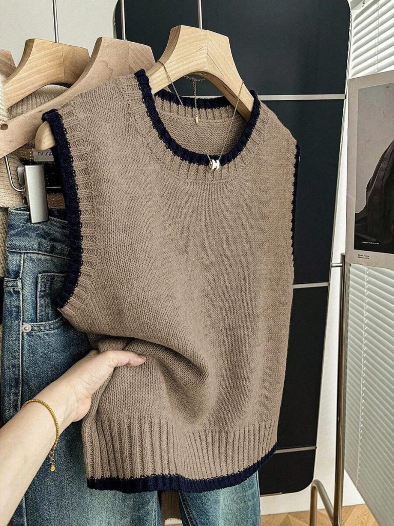 Franclia Back To School Casual Style Loose Round Neck Sleeveless Woolen Woven Contrasting Color Trimmed Khaki Autumn And Winter Women's Knitted Top Fall Clothes For Women Going Out Tops Women - Image 68