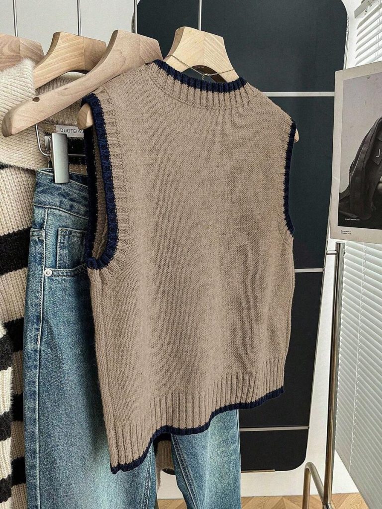 Franclia Back To School Casual Style Loose Round Neck Sleeveless Woolen Woven Contrasting Color Trimmed Khaki Autumn And Winter Women's Knitted Top Fall Clothes For Women Going Out Tops Women - Image 69
