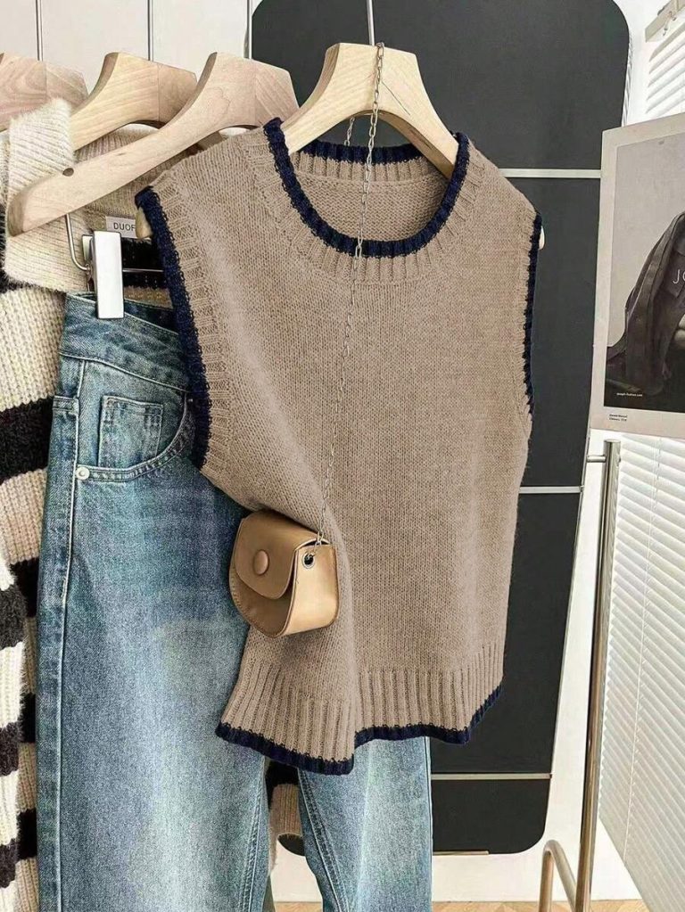 Franclia Back To School Casual Style Loose Round Neck Sleeveless Woolen Woven Contrasting Color Trimmed Khaki Autumn And Winter Women's Knitted Top Fall Clothes For Women Going Out Tops Women - Image 70