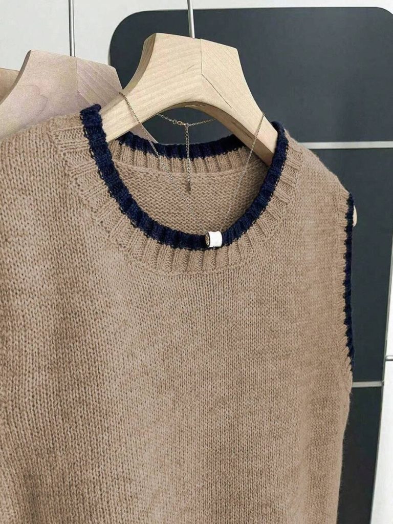 Franclia Back To School Casual Style Loose Round Neck Sleeveless Woolen Woven Contrasting Color Trimmed Khaki Autumn And Winter Women's Knitted Top Fall Clothes For Women Going Out Tops Women - Image 71