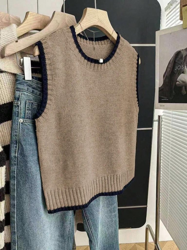Franclia Back To School Casual Style Loose Round Neck Sleeveless Woolen Woven Contrasting Color Trimmed Khaki Autumn And Winter Women's Knitted Top Fall Clothes For Women Going Out Tops Women - Image 72
