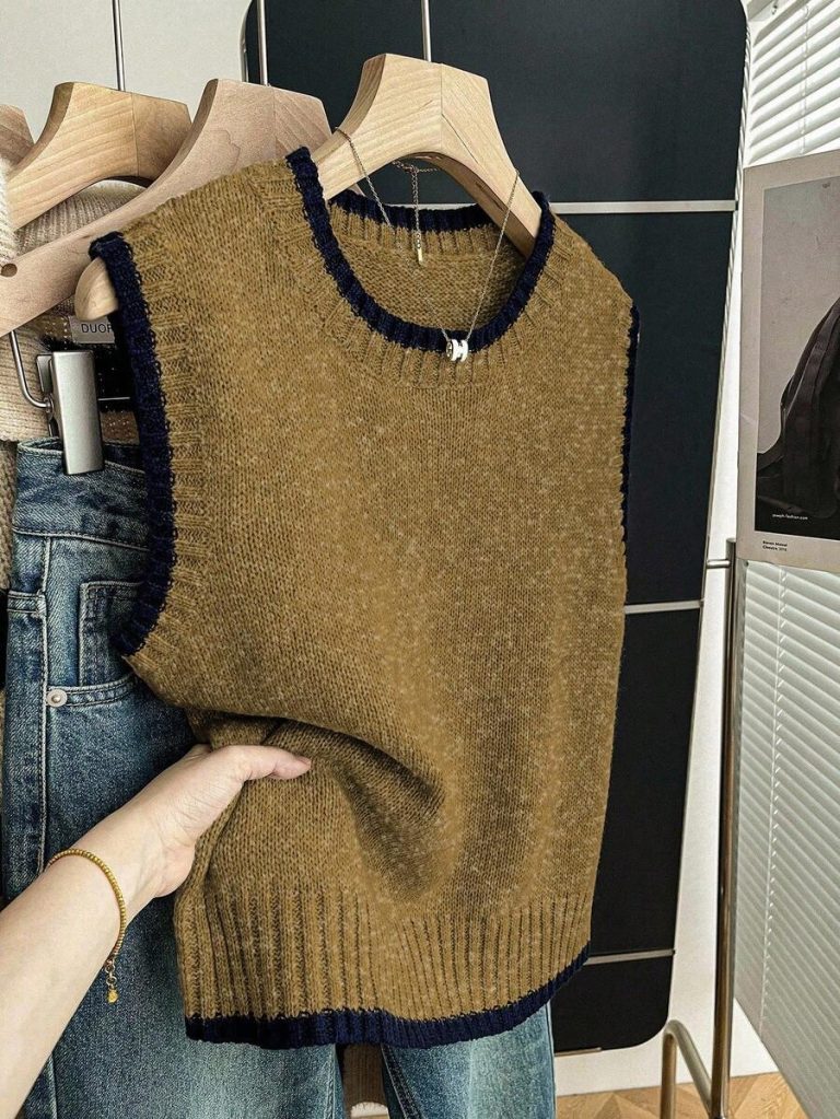 Franclia Back To School Casual Style Loose Round Neck Sleeveless Woolen Woven Contrasting Color Trimmed Khaki Autumn And Winter Women's Knitted Top Fall Clothes For Women Going Out Tops Women - Image 73