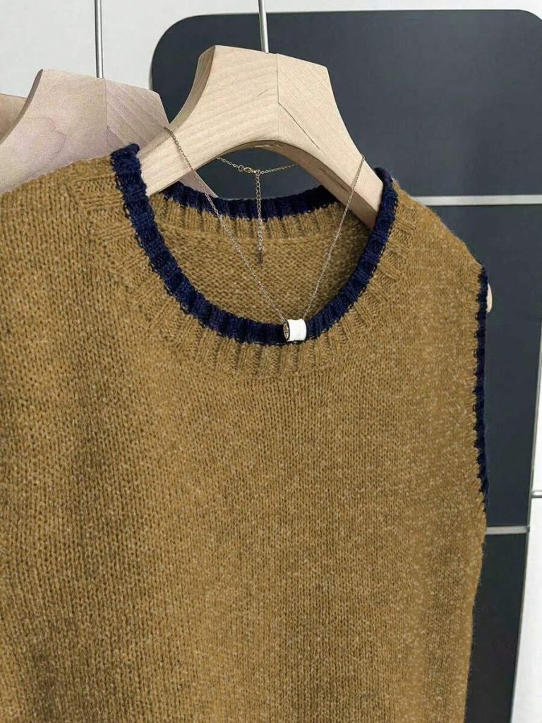 Franclia Back To School Casual Style Loose Round Neck Sleeveless Woolen Woven Contrasting Color Trimmed Khaki Autumn And Winter Women's Knitted Top Fall Clothes For Women Going Out Tops Women - Image 76