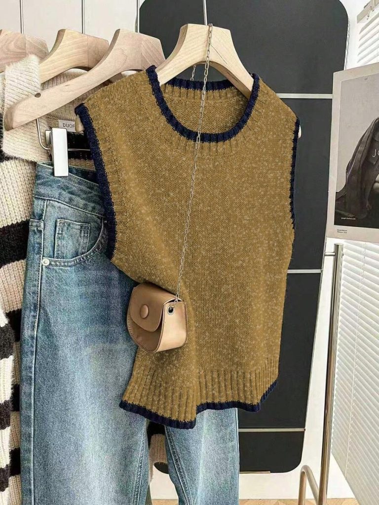 Franclia Back To School Casual Style Loose Round Neck Sleeveless Woolen Woven Contrasting Color Trimmed Khaki Autumn And Winter Women's Knitted Top Fall Clothes For Women Going Out Tops Women - Image 77