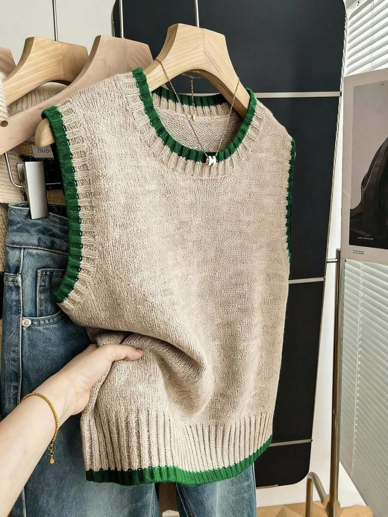 Franclia Back To School Casual Style Loose Round Neck Sleeveless Woolen Woven Contrasting Color Trimmed Khaki Autumn And Winter Women's Knitted Top Fall Clothes For Women Going Out Tops Women - Image 78