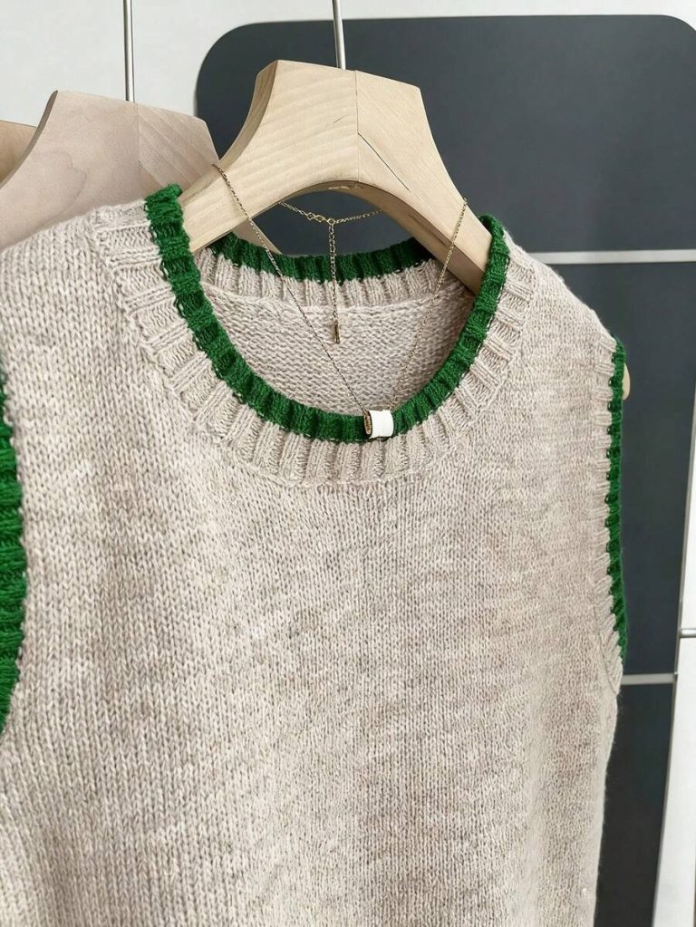 Franclia Back To School Casual Style Loose Round Neck Sleeveless Woolen Woven Contrasting Color Trimmed Khaki Autumn And Winter Women's Knitted Top Fall Clothes For Women Going Out Tops Women - Image 81