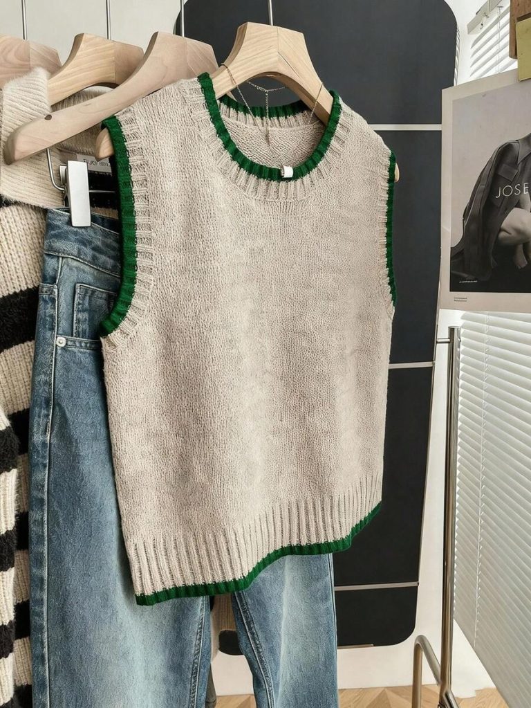 Franclia Back To School Casual Style Loose Round Neck Sleeveless Woolen Woven Contrasting Color Trimmed Khaki Autumn And Winter Women's Knitted Top Fall Clothes For Women Going Out Tops Women - Image 82