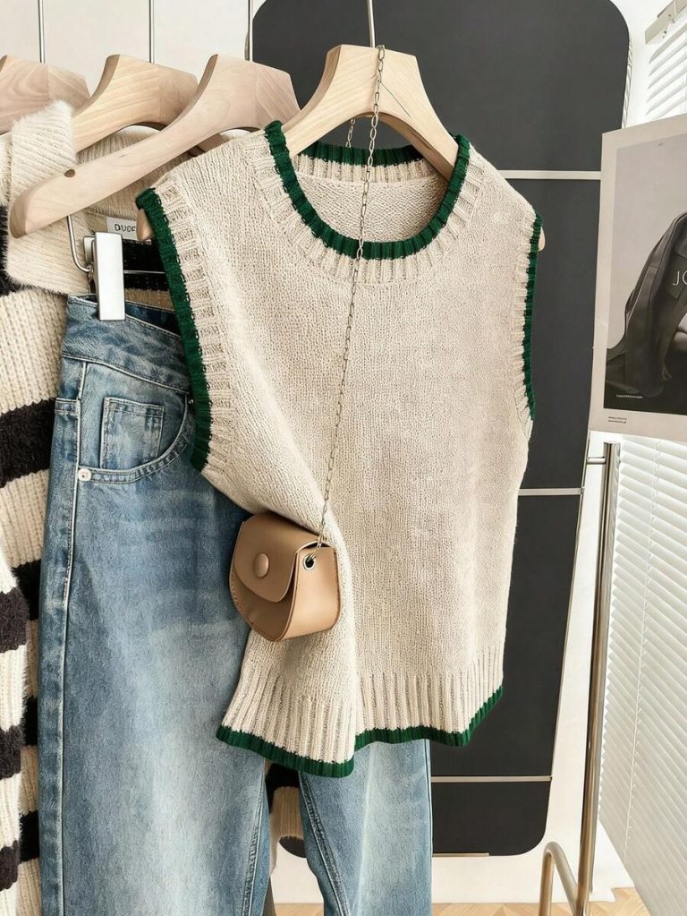 Franclia Back To School Casual Style Loose Round Neck Sleeveless Woolen Woven Contrasting Color Trimmed Khaki Autumn And Winter Women's Knitted Top Fall Clothes For Women Going Out Tops Women - Image 83