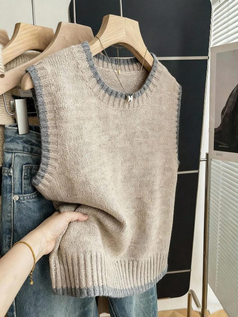 Franclia Back To School Casual Style Loose Round Neck Sleeveless Woolen Woven Contrasting Color Trimmed Khaki Autumn And Winter Women's Knitted Top Fall Clothes For Women Going Out Tops Women - Image 84