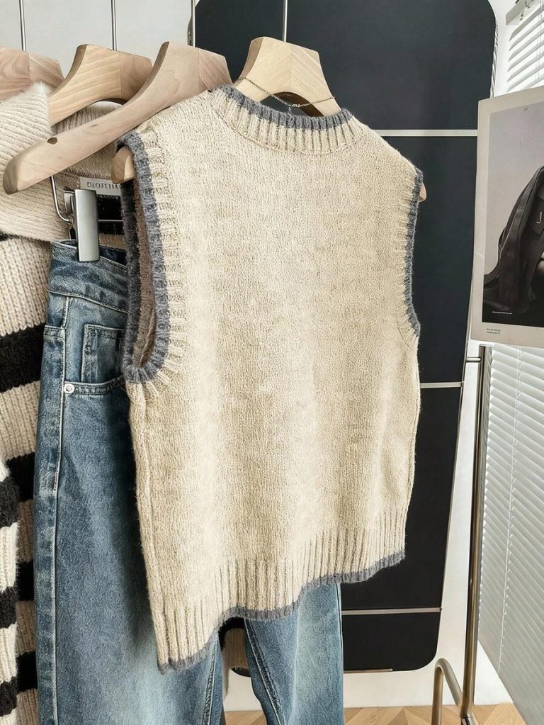Franclia Back To School Casual Style Loose Round Neck Sleeveless Woolen Woven Contrasting Color Trimmed Khaki Autumn And Winter Women's Knitted Top Fall Clothes For Women Going Out Tops Women - Image 85