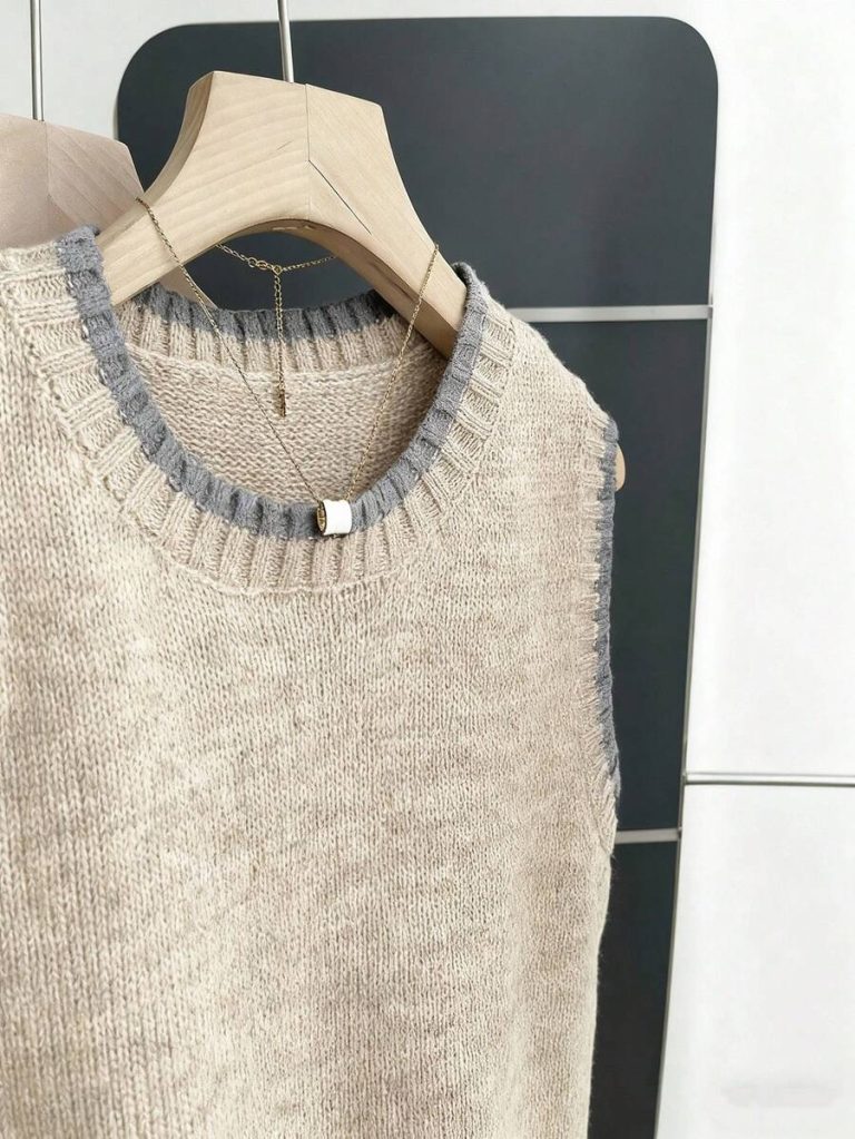 Franclia Back To School Casual Style Loose Round Neck Sleeveless Woolen Woven Contrasting Color Trimmed Khaki Autumn And Winter Women's Knitted Top Fall Clothes For Women Going Out Tops Women - Image 87