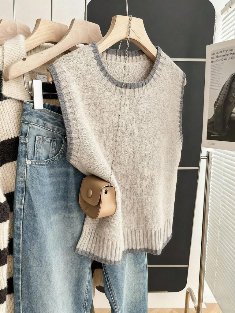 Franclia Back To School Casual Style Loose Round Neck Sleeveless Woolen Woven Contrasting Color Trimmed Khaki Autumn And Winter Women's Knitted Top Fall Clothes For Women Going Out Tops Women - Image 89