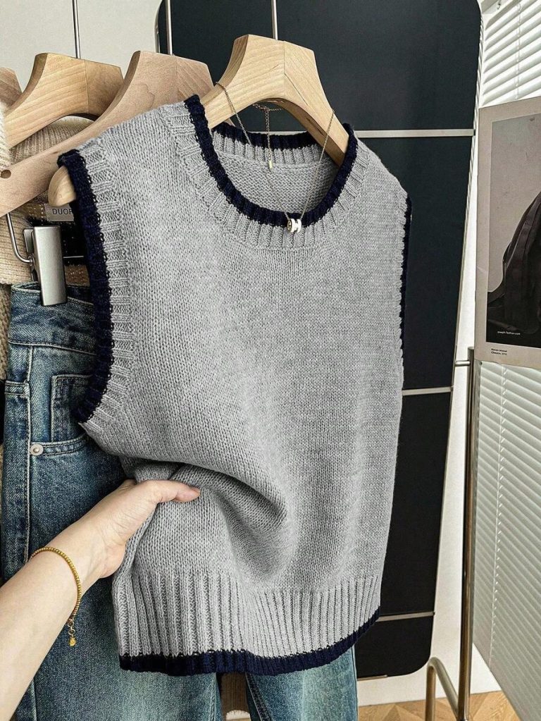 Franclia Back To School Casual Style Loose Round Neck Sleeveless Woolen Woven Contrasting Color Trimmed Khaki Autumn And Winter Women's Knitted Top Fall Clothes For Women Going Out Tops Women - Image 90