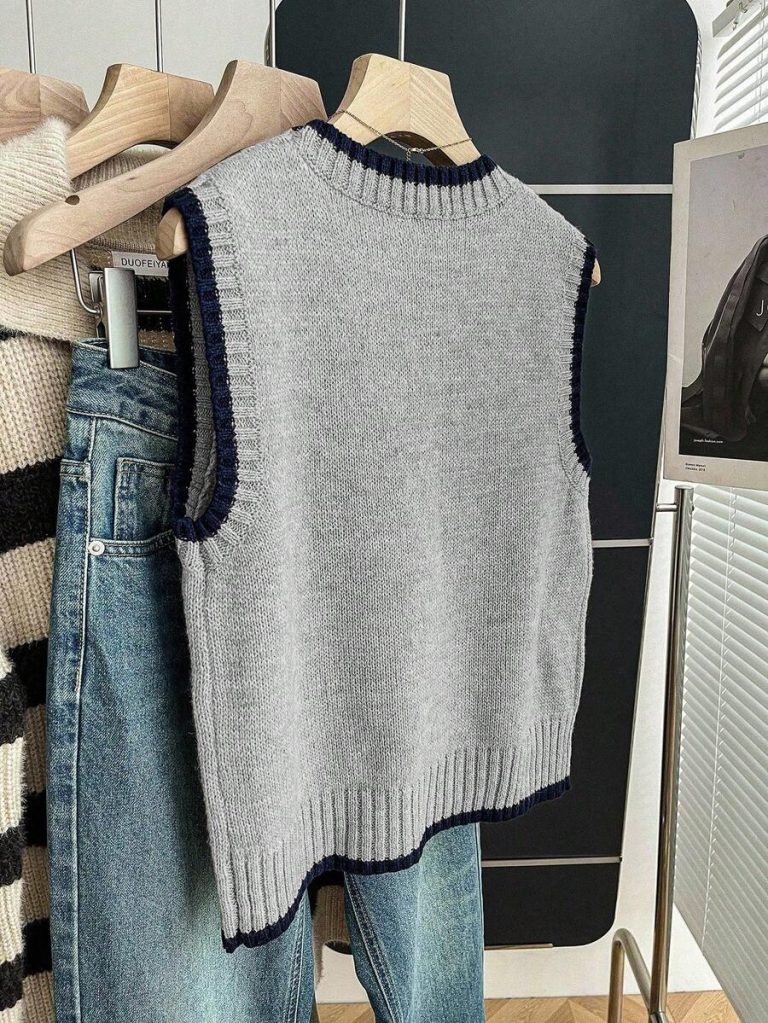 Franclia Back To School Casual Style Loose Round Neck Sleeveless Woolen Woven Contrasting Color Trimmed Khaki Autumn And Winter Women's Knitted Top Fall Clothes For Women Going Out Tops Women - Image 91