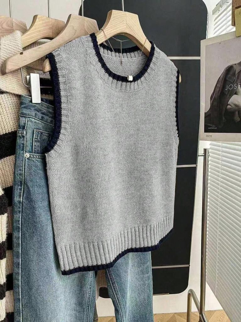 Franclia Back To School Casual Style Loose Round Neck Sleeveless Woolen Woven Contrasting Color Trimmed Khaki Autumn And Winter Women's Knitted Top Fall Clothes For Women Going Out Tops Women - Image 92