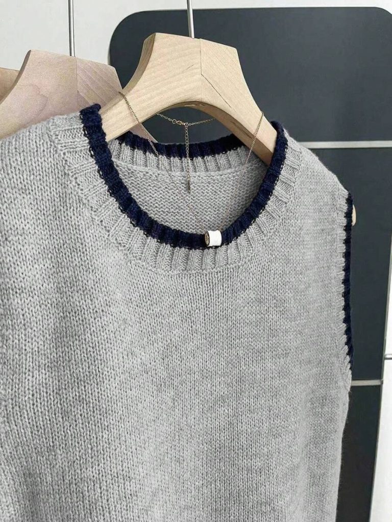 Franclia Back To School Casual Style Loose Round Neck Sleeveless Woolen Woven Contrasting Color Trimmed Khaki Autumn And Winter Women's Knitted Top Fall Clothes For Women Going Out Tops Women - Image 93